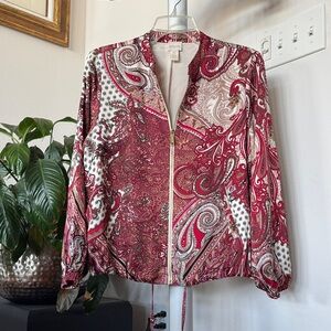 Chico’s Paisley Satin Bomber Jacket Sz M Petite Full Zip Drawstring Red Black